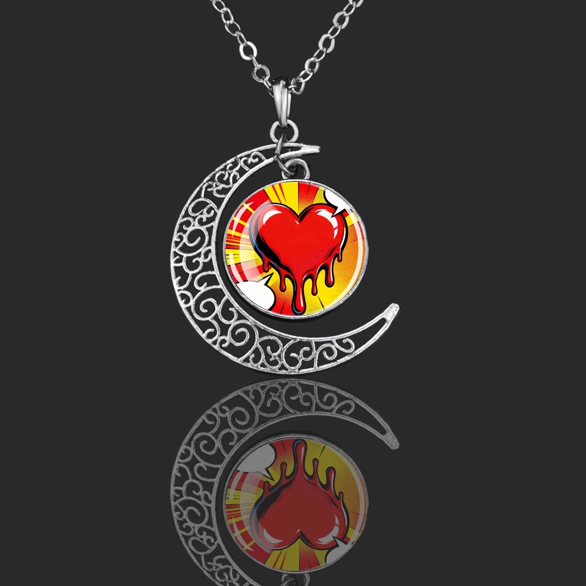 Women's Heart Pattern Crescent Moon Necklace, Statement Gift
